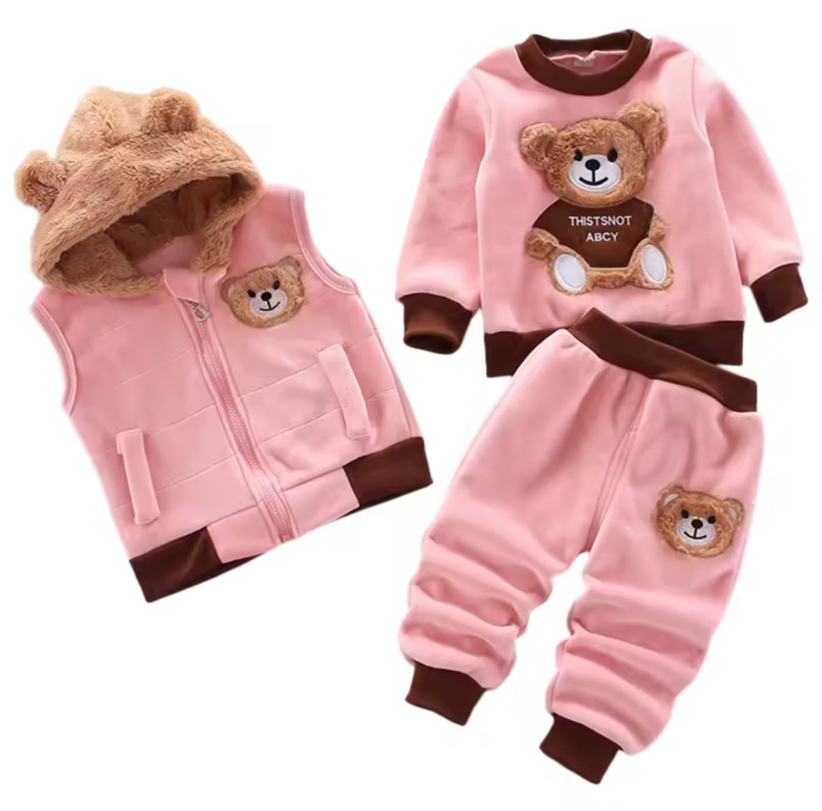 Children's pink fleece set with bear designs on a white background