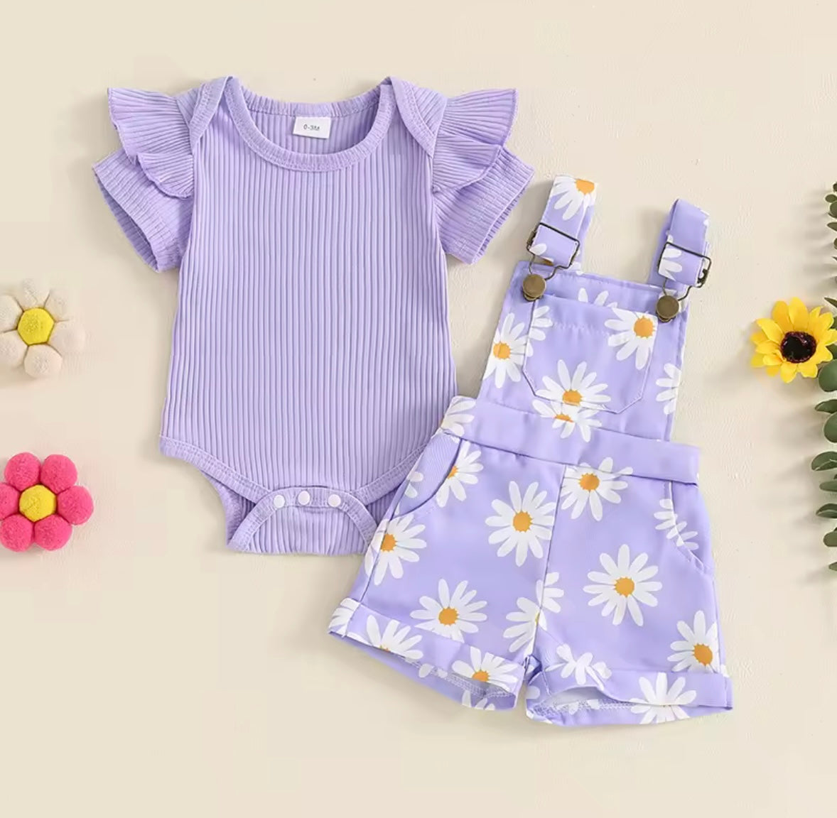 Baby Toddler Girls Ribbed Romper & Dungaree Shorts Set. 3 Colours 3M-18M