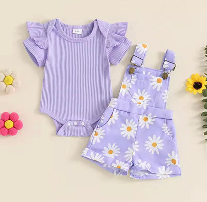 Baby Toddler Girls Ribbed Romper & Dungaree Shorts Set. 3 Colours 3M-18M