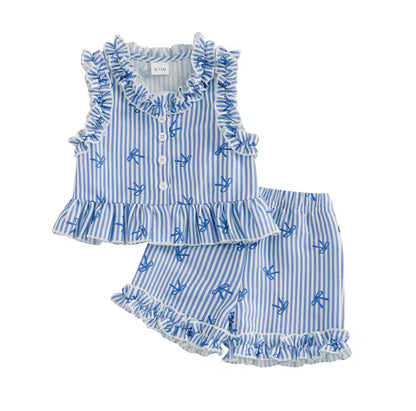 Kids Girls Lightweight Ruffle Pinstripe Vest Top & Shorts Set. 2 Colours 12M-4Y