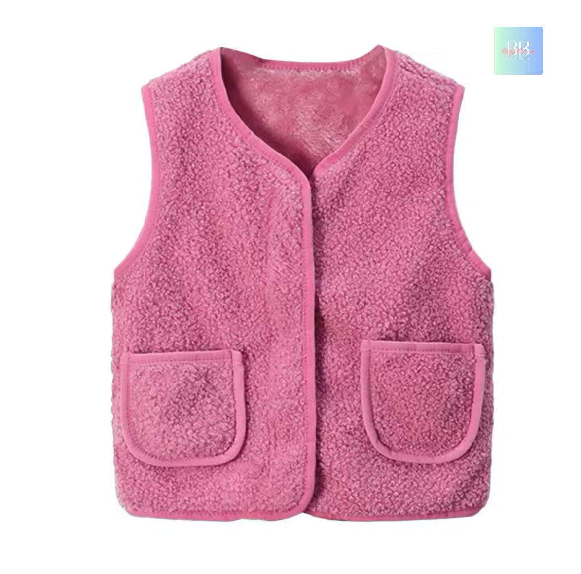 Pink fleece vest with two front pockets on a white background