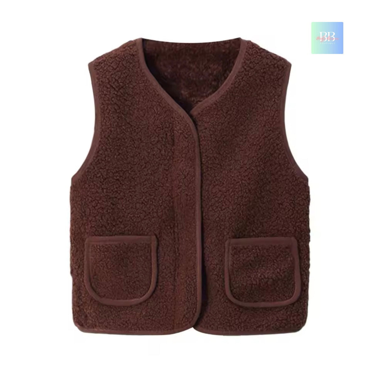 Brown fleece vest with two front pockets on a white background