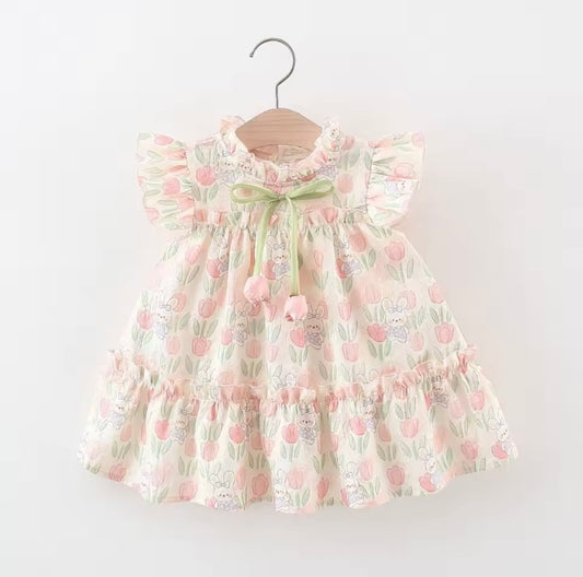 Kids Girls Lightweight Floral Rabbit Print Summer Dress. 9M-4Y