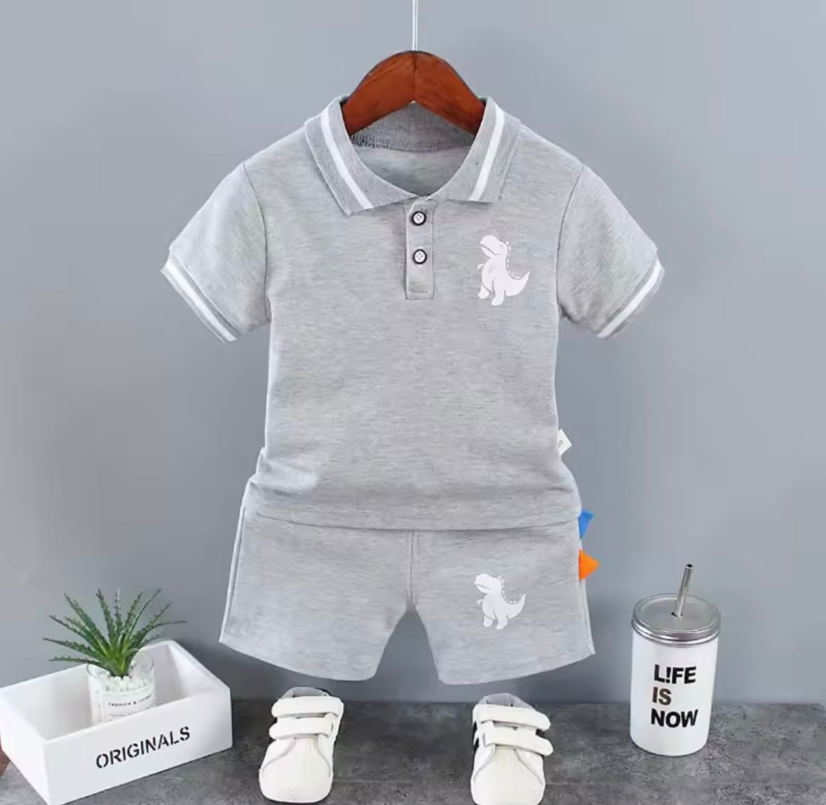 Kids Boys Lightweight Dinosaur Polo Shirt & Shorts Set. 3 Colours 12M-5Y