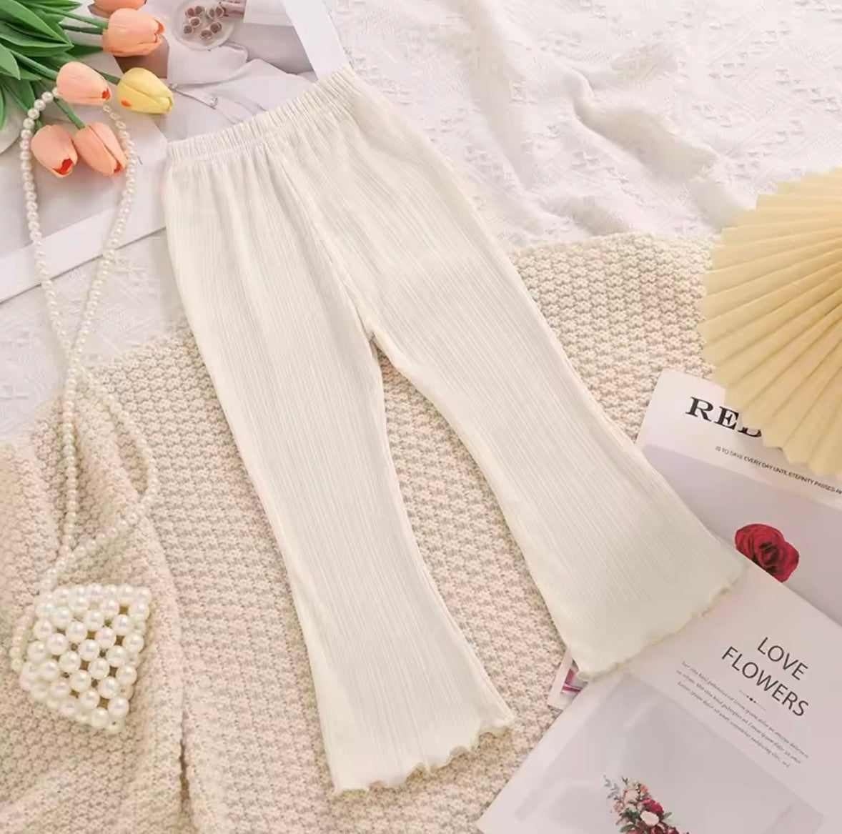 Kids Girls Casual Ribbed Loose Fit Flare Trousers. 5 Colours 12M-10Y
