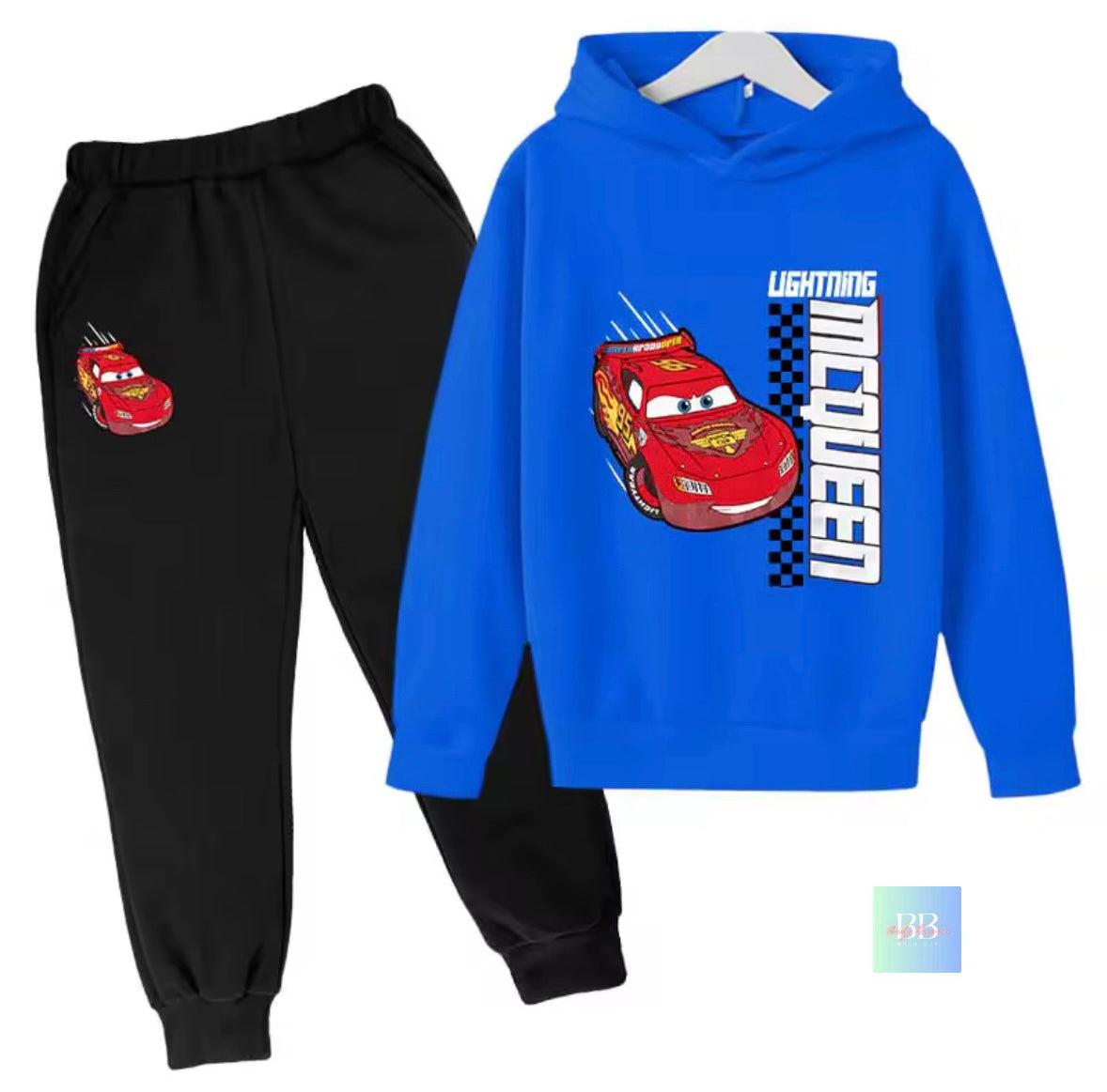 Blue hoodie with 'Lightning McQueen' design and black pants with car graphic on a white background
