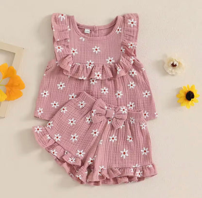 Baby Toddler Floral Muslin Sleeveless Top & Matching Shorts Set. 3 Colours 6M-4Y