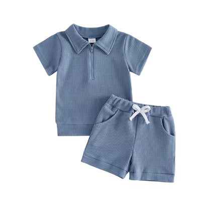 Kids Boys Half Zip Lapel Collar T-shirt & Matching Shorts Set. 2 Colours 6M-4Y