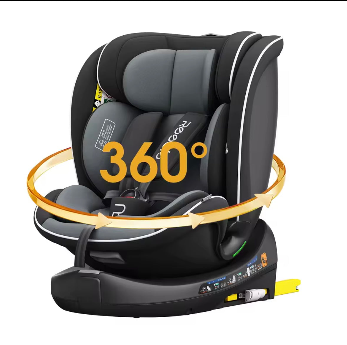 Black and gray car seat with '360°' feature on a white background