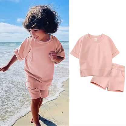 Kids Unisex Lightweight Short Sleeve Sweater & Matching Shorts Set. 6 Colours 12M-7Y