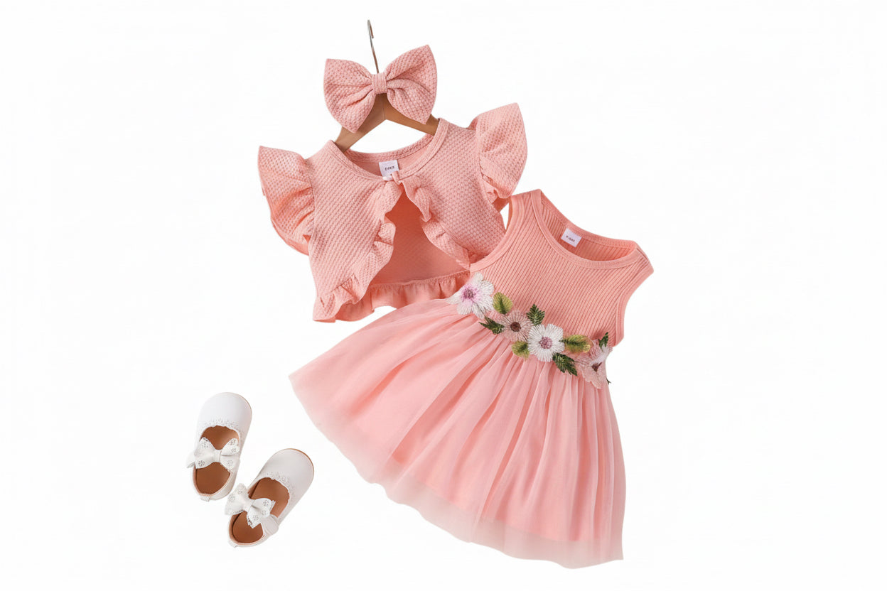 Pink baby dress with floral details, matching headband, and white shoes on a textured surface.