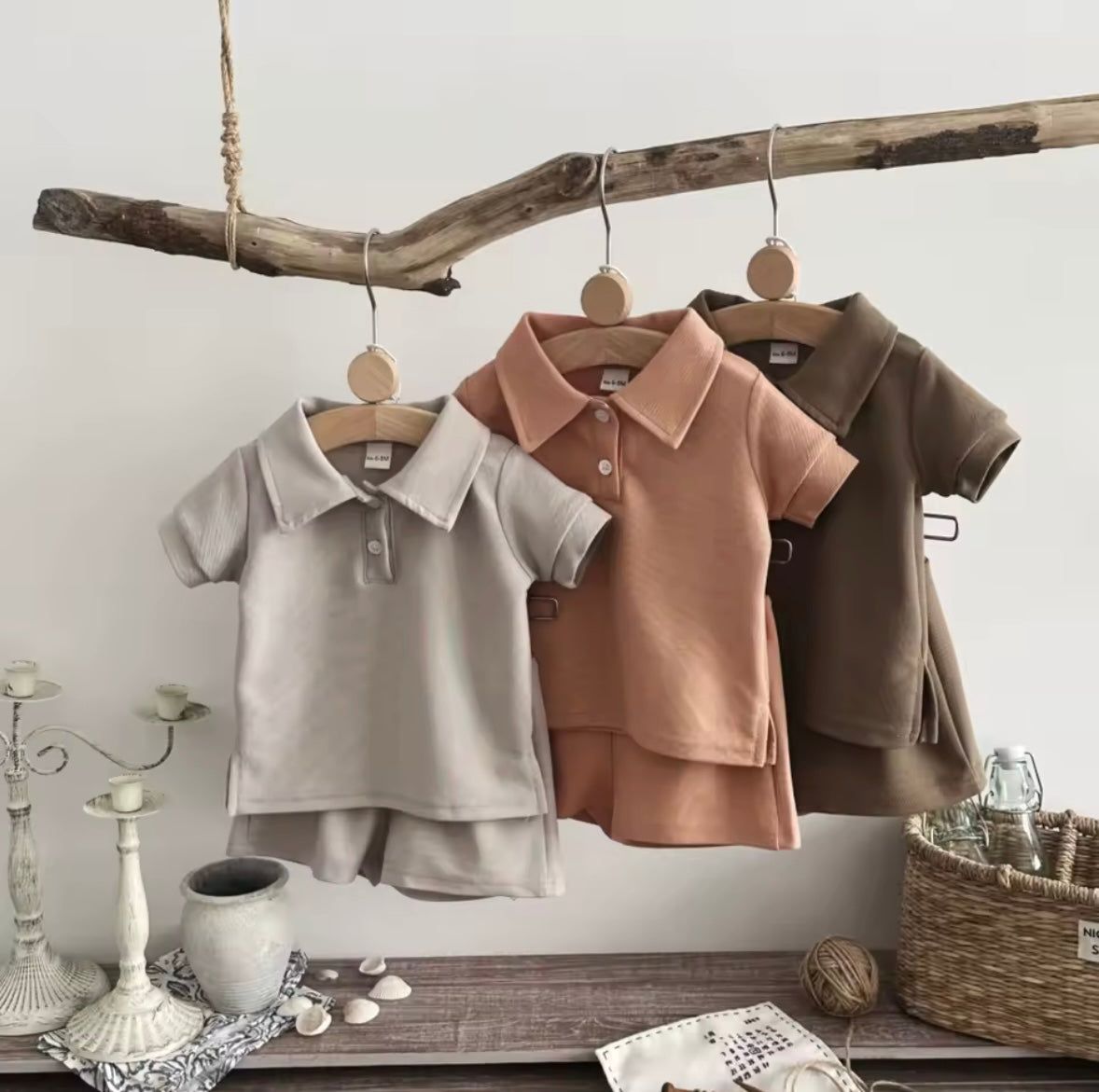 Kids Casual Solid Colour Polo Shirt & Matching Shorts Set. 3 Colours 6M-3Y
