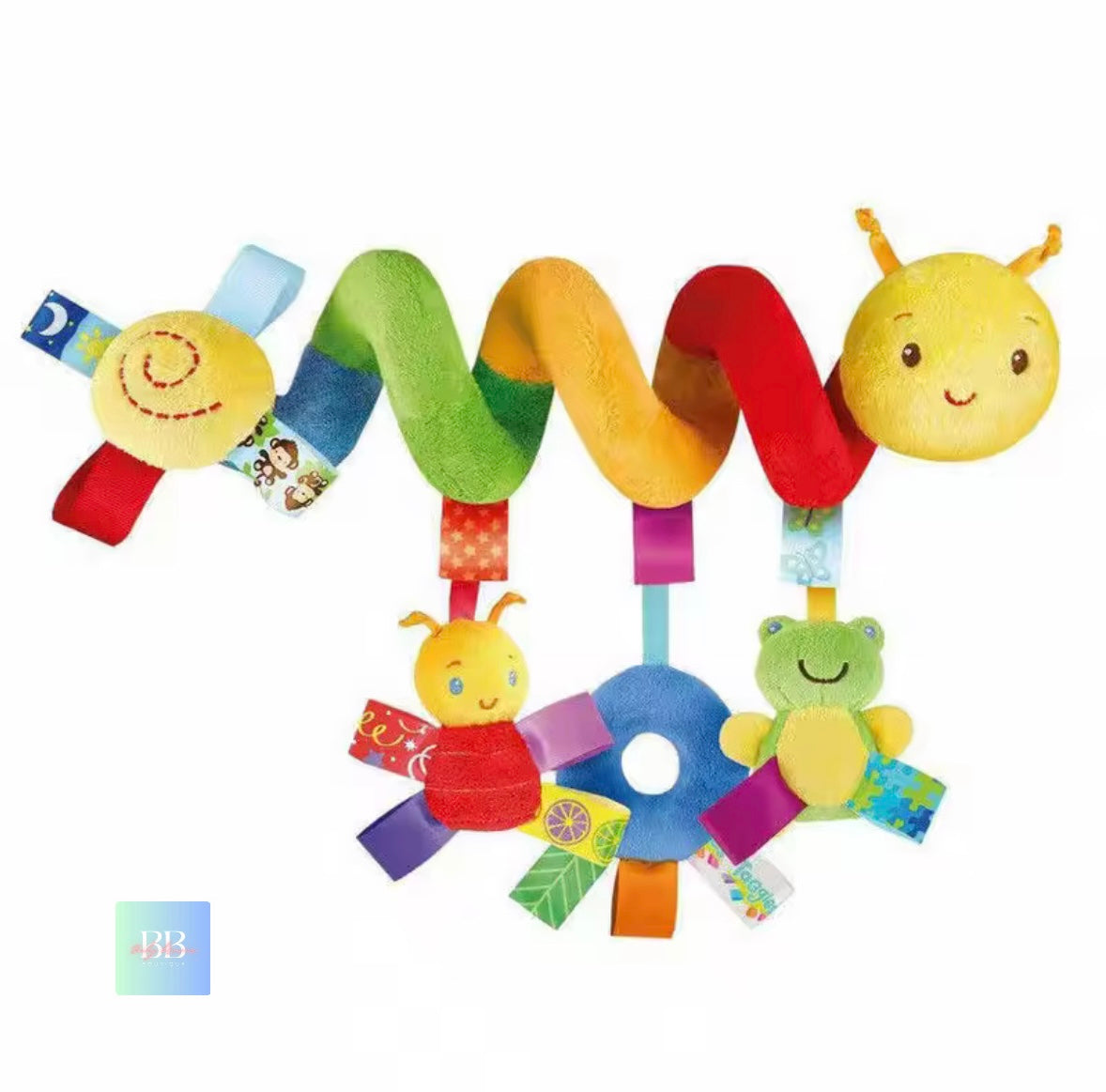 Colorful baby toy with smiling faces on a white background