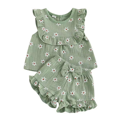 Baby Toddler Floral Muslin Sleeveless Top & Matching Shorts Set. 3 Colours 6M-4Y