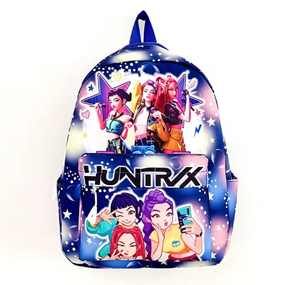 Backpack with cartoon characters and 'HUNTRX' branding on a white background