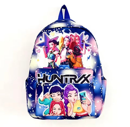 Backpack with cartoon characters and 'HUNTRX' branding on a white background