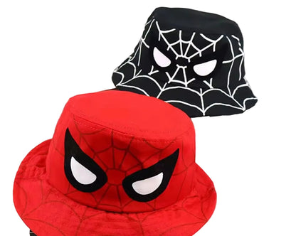 Two bucket hats, one red and one black with white spider web patterns, on a white background.