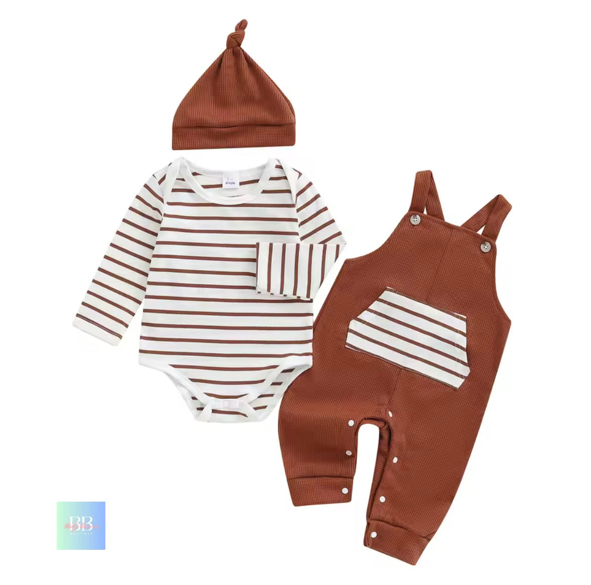 Baby outfit set with striped romper, brown overalls, and matching hat on a white background