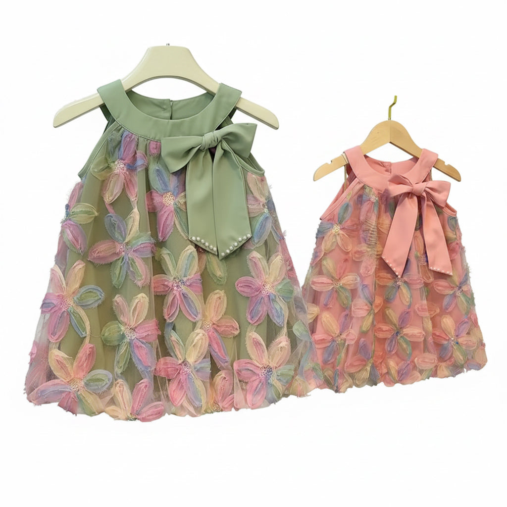 Kids Girls Sleeveless Bowknot Floral Mesh Dress. 2 Colours 3-7Y