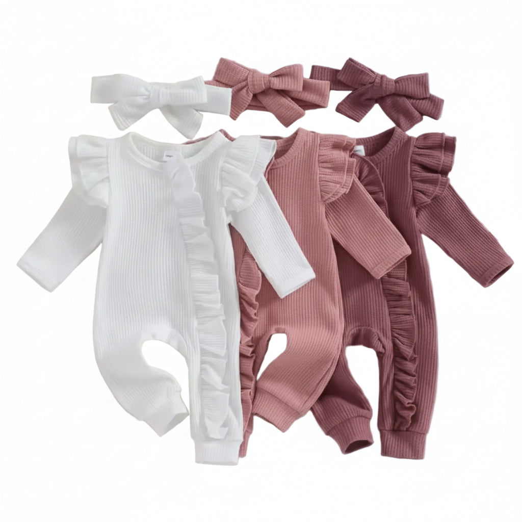 Baby Toddler Girls Ribbed Ruffle Romper & Headband Set. 3 Colours Newborn-12M