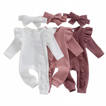 Baby Toddler Girls Ribbed Ruffle Romper & Headband Set. 3 Colours Newborn-12M