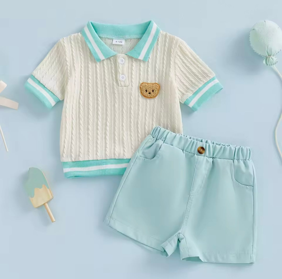 Kids Boys Cable Knit Collared Top & Shorts Set. 2 Colours 6M-4Y.