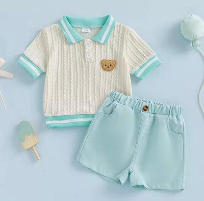 Kids Boys Cable Knit Collared Top & Shorts Set. 2 Colours 6M-4Y.