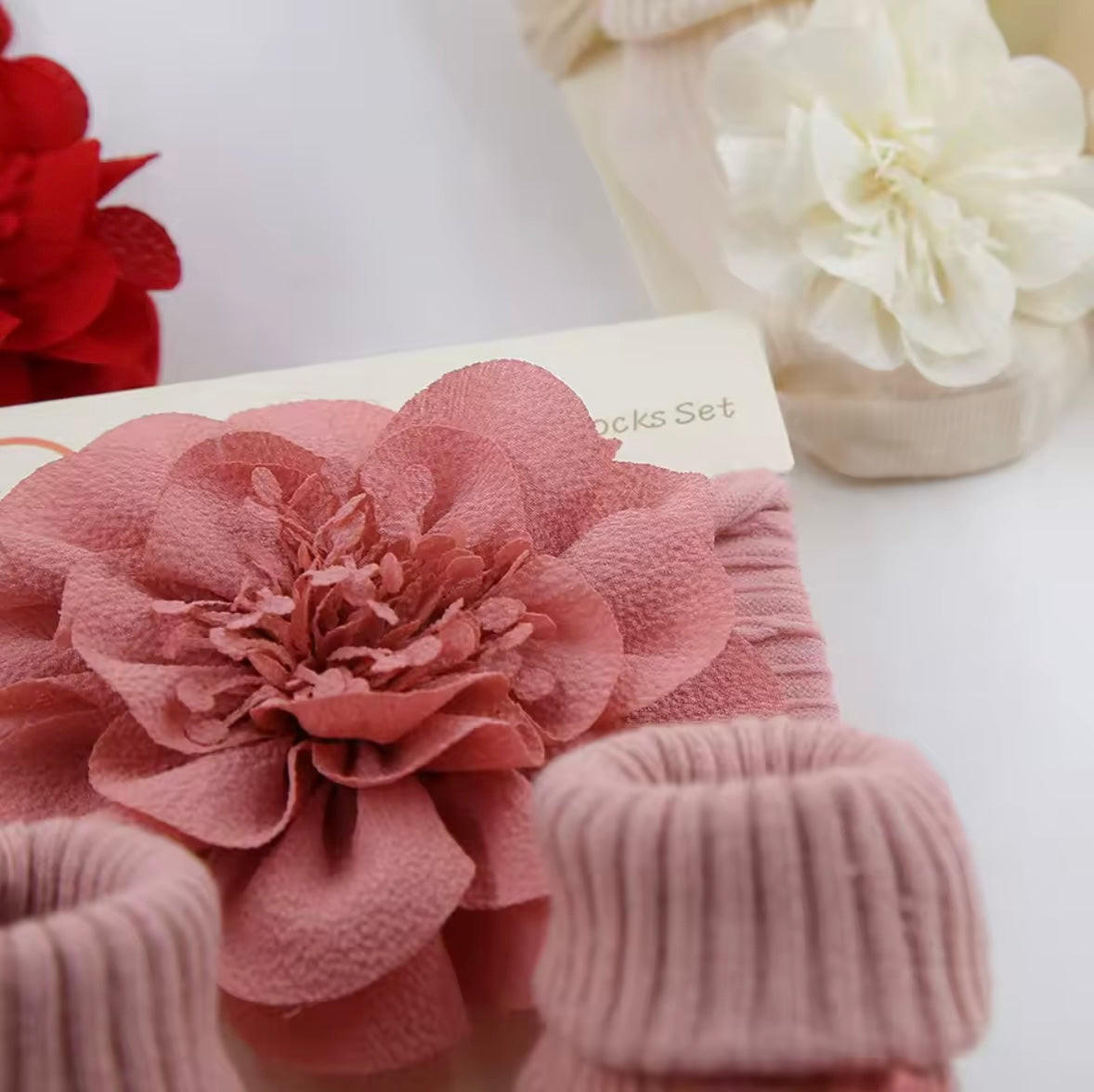 Baby Girls Flower Headband & Non Slip Socks Set. 3 Colours 0-12M