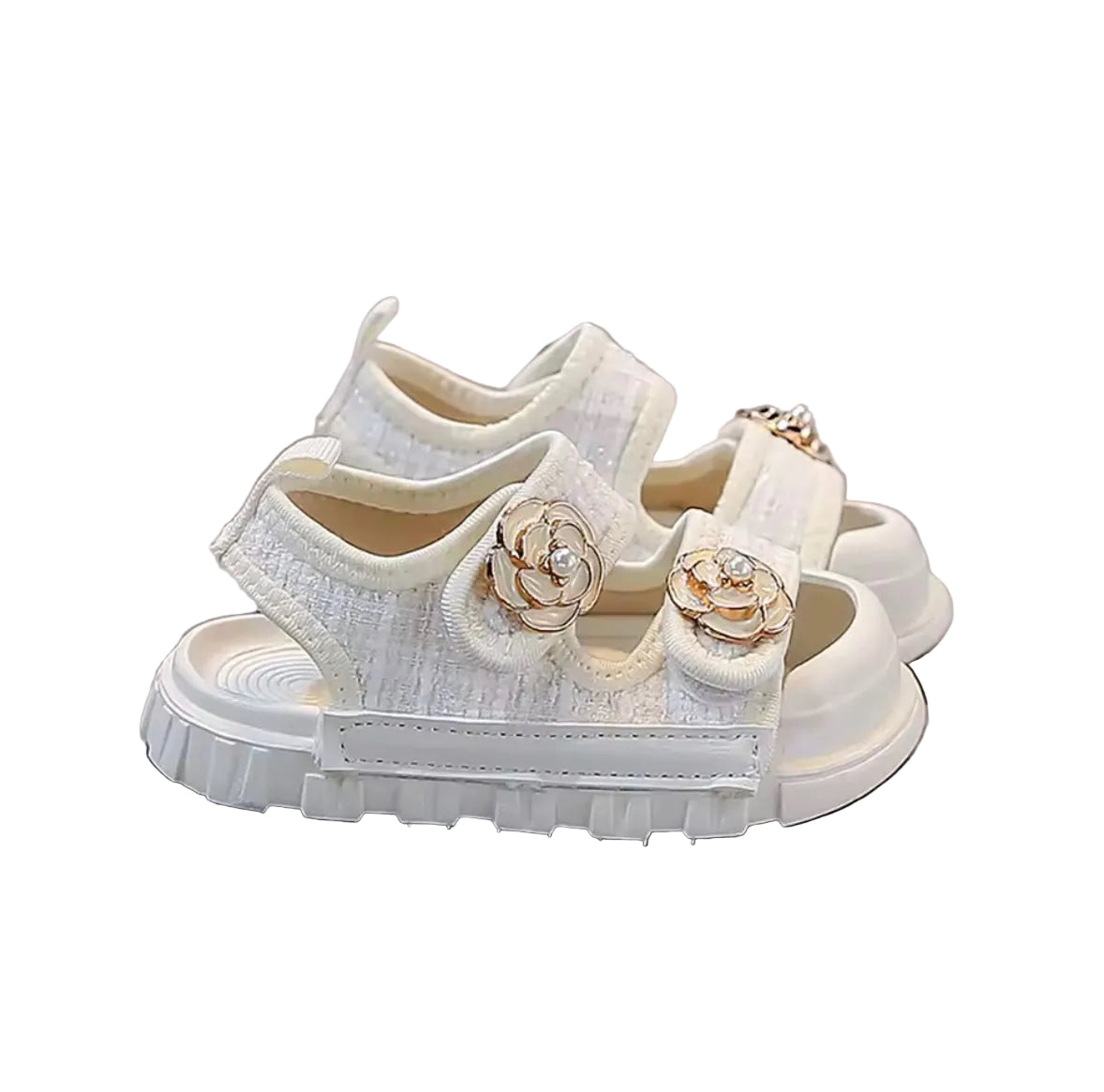 White sandal with floral embellishments on a gray background