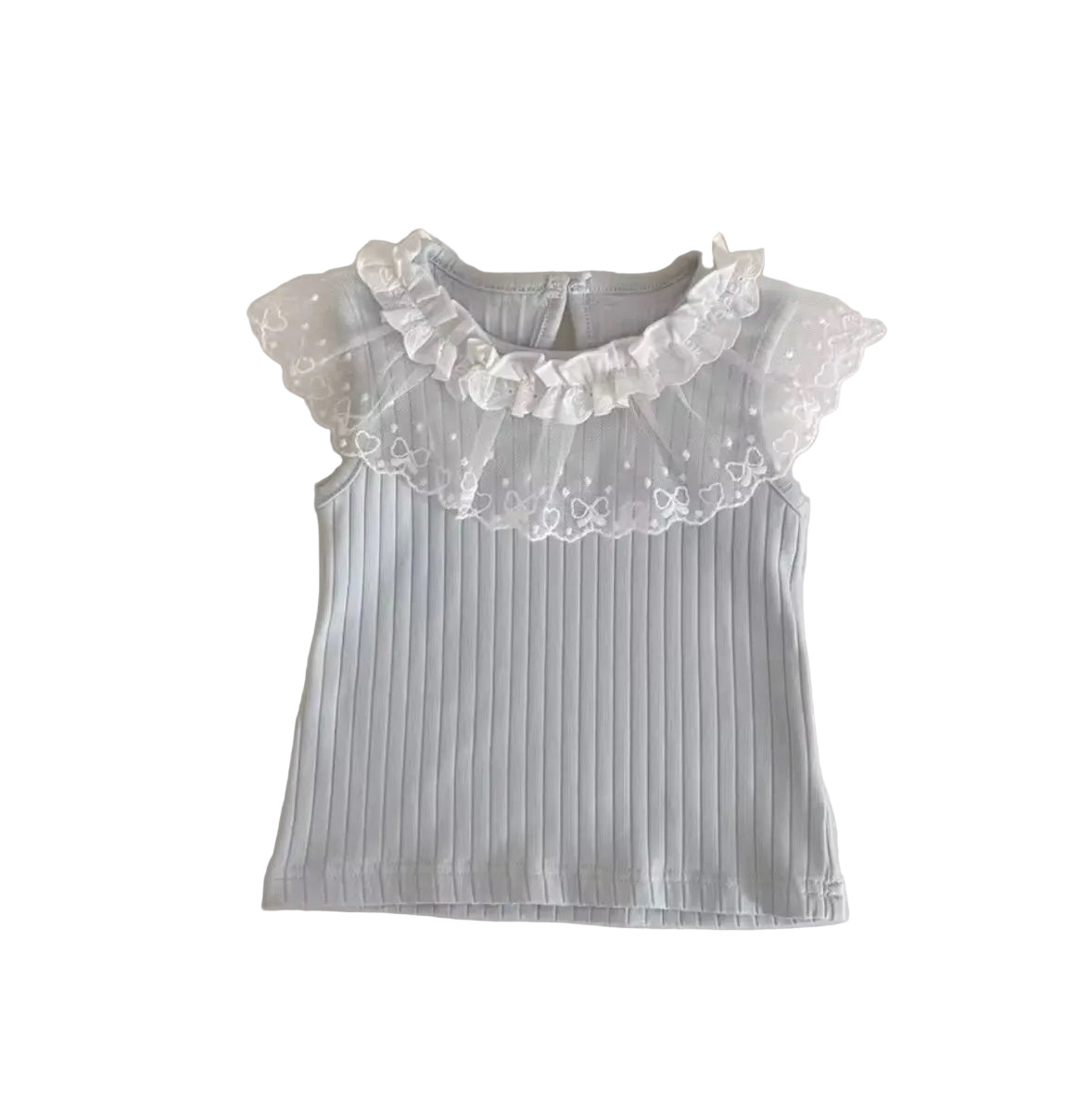 Light blue ribbed tank top with lace collar on a white surface