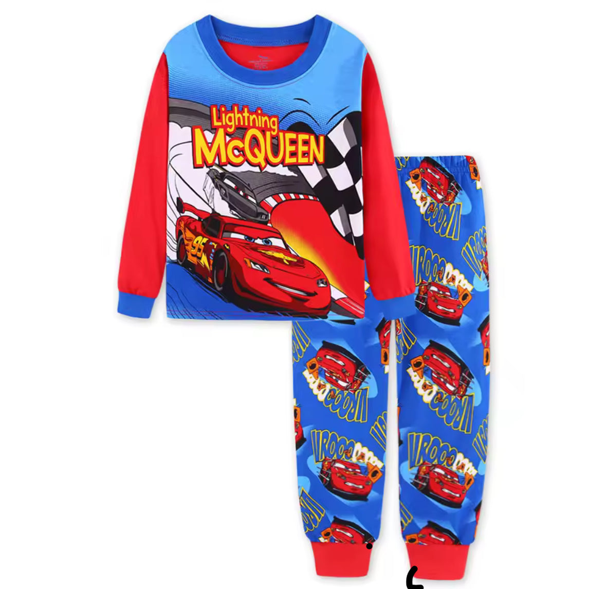 Children's pajama set with Lightning McQueen design on a white background