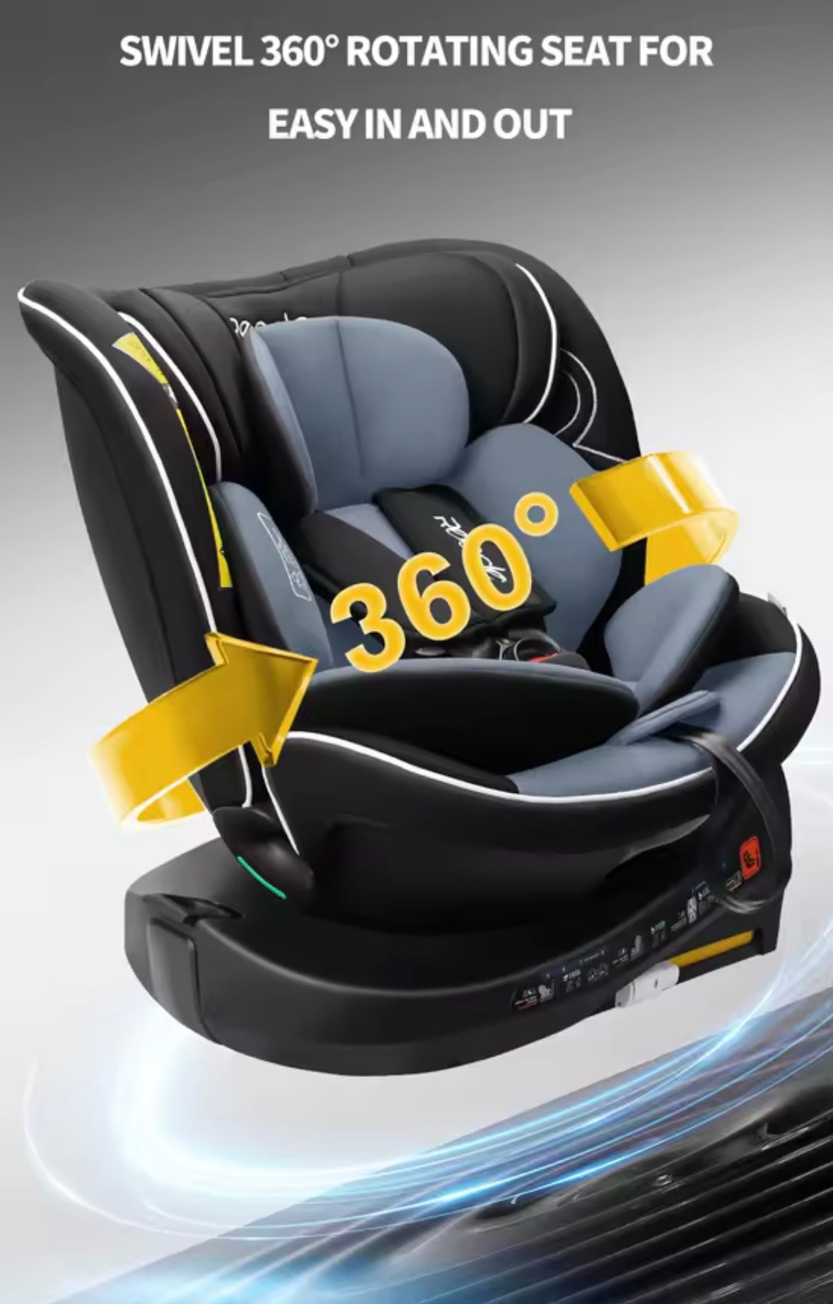 Child car seat with swivel 360° feature on a gray background