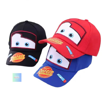 Two children's hats, one black and one red with blue, featuring cartoon character designs on a white background.