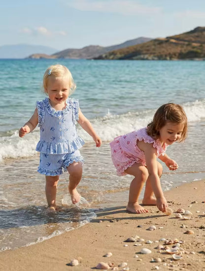 Kids Girls Lightweight Ruffle Pinstripe Vest Top & Shorts Set. 2 Colours 12M-4Y