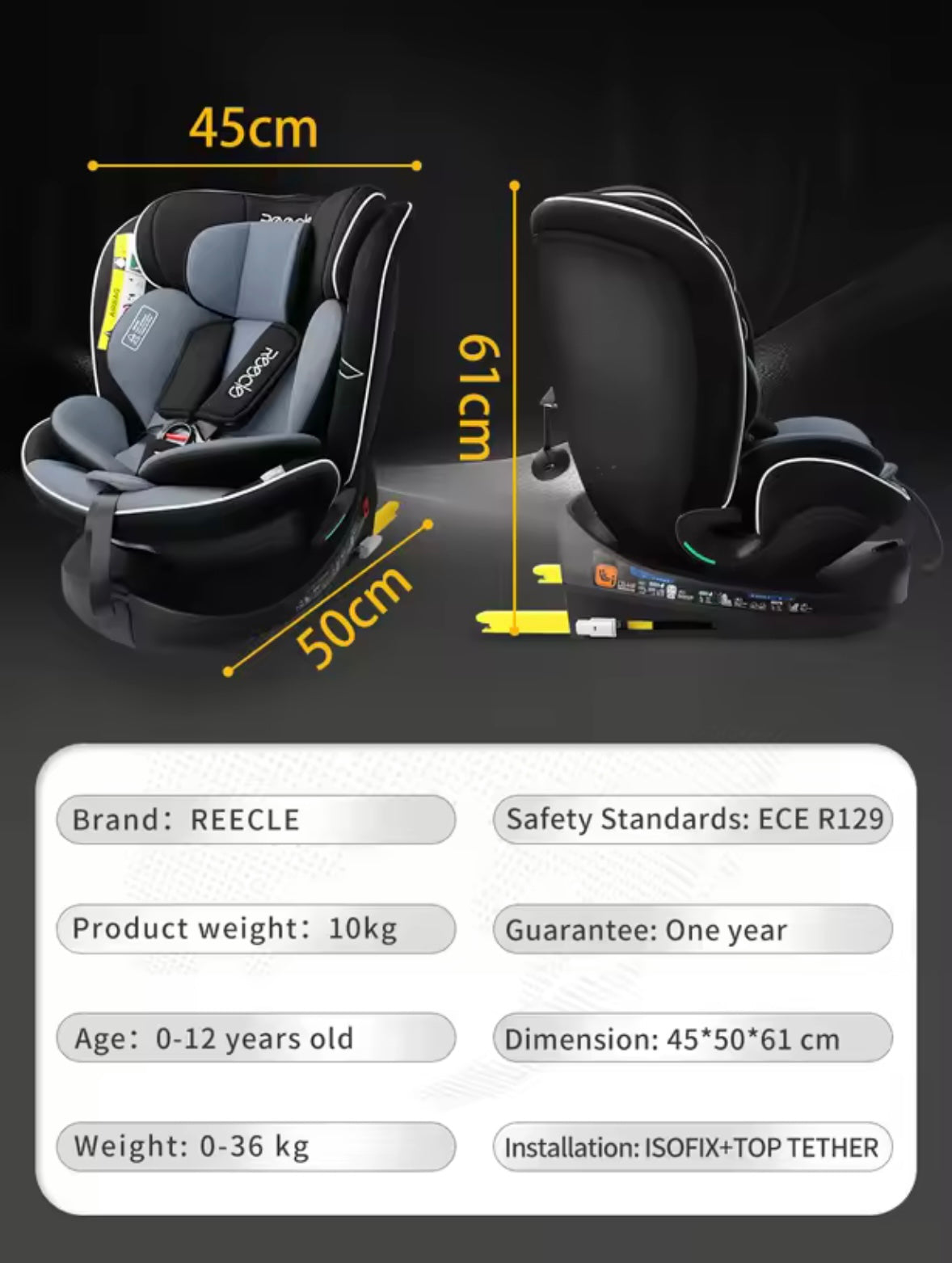 Kids Reecle I-Size 360 Swivel ISOFIX Car Seat. 0-12Y 3 Colours Available
