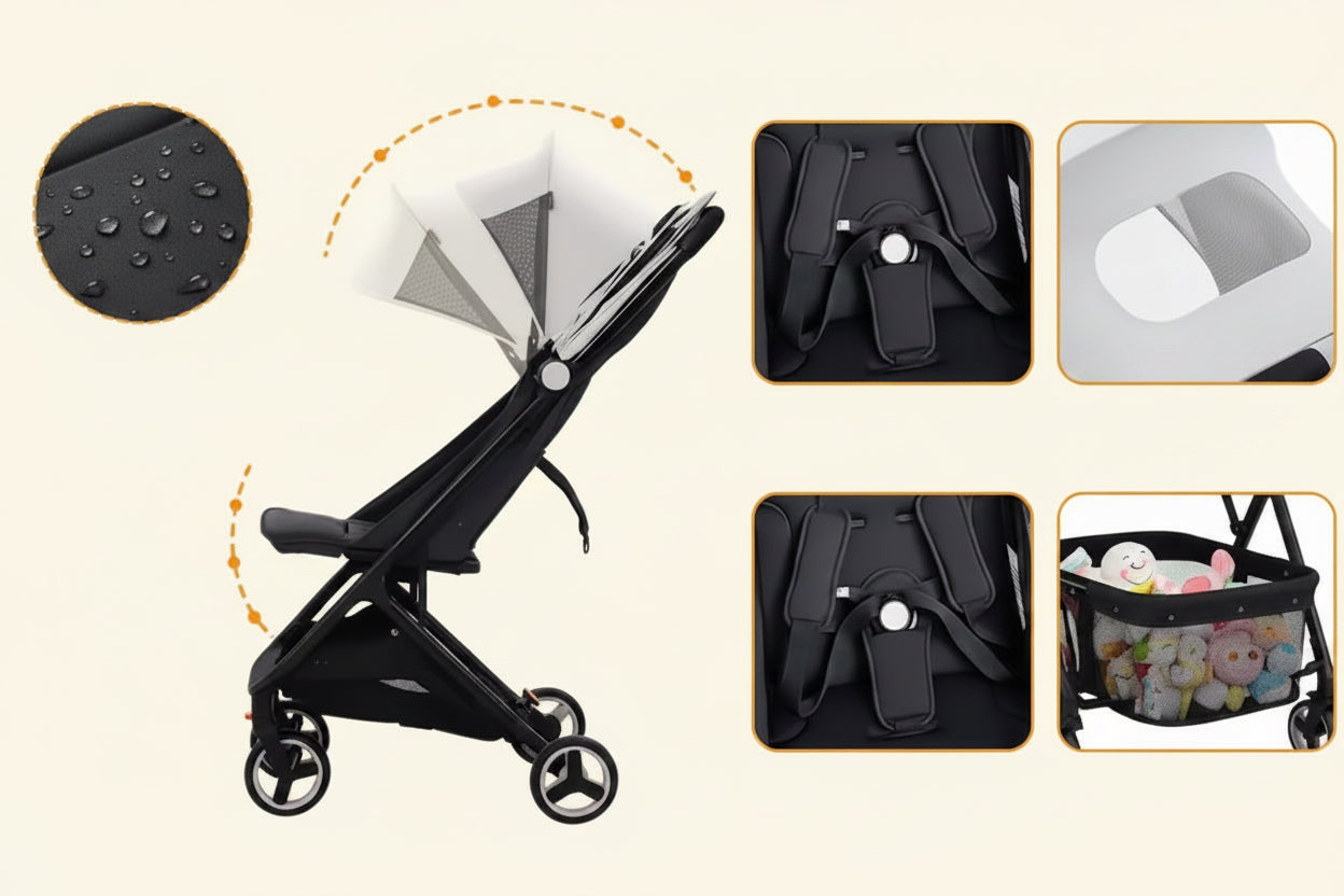 Baby stroller with various features highlighted on a white background