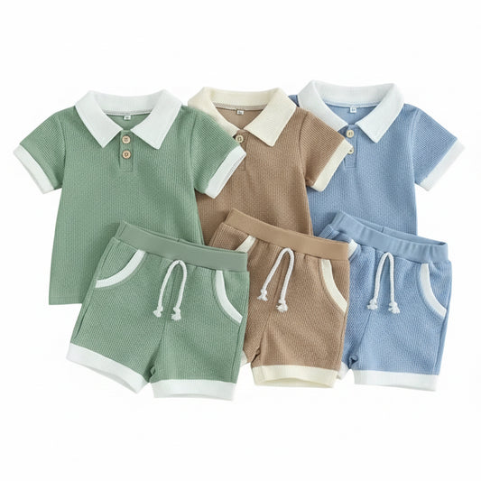 Kids Boys Lightweight Casual Waffle Polo Shirt & Shorts Set. 3 Colours 6M-3Y
