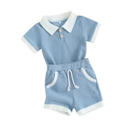 Kids Boys Lightweight Casual Waffle Polo Shirt & Shorts Set. 3 Colours 6M-3Y