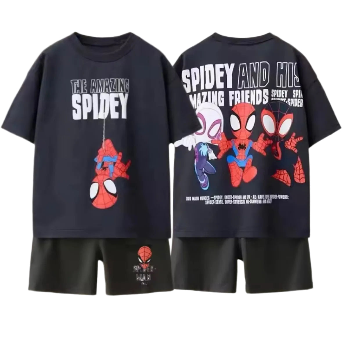 Black t-shirt with Spider-Man graphics and text on a beige background