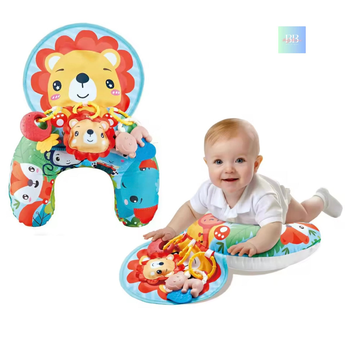 Baby playing with a colorful lion-themed baby seat and toy set on a white background