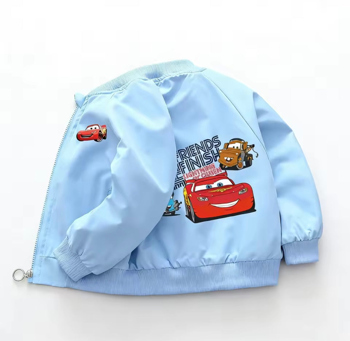 Light blue children's jacket with cartoon character print on a white background