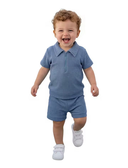 Kids Boys Half Zip Lapel Collar T-shirt & Matching Shorts Set. 2 Colours 6M-4Y