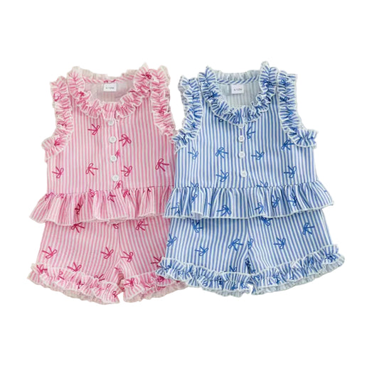 Kids Girls Lightweight Ruffle Pinstripe Vest Top & Shorts Set. 2 Colours 12M-4Y