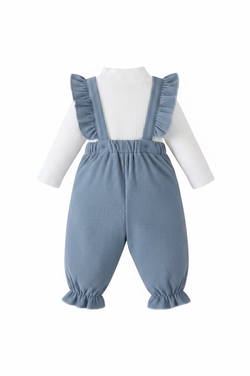 Baby Toddler Girls Ribbed Bowknot Dungarees & Ribbed Long Sleeve Top Set. 2 Colours 3-24M