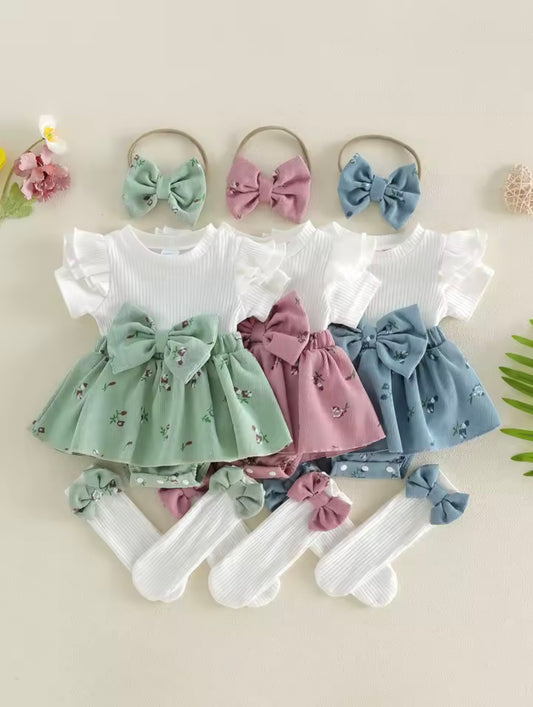 Baby Toddler Romper Skirt with Matching Socks & Headband Set. 3 Colours 3M-12M