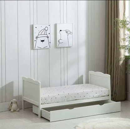 Baby Toddler Wooden Cot Bed with Waterproof Mattress & Drawer Colour Grey