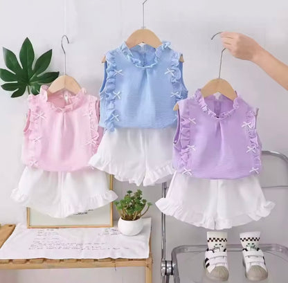 Kids Girls Lightweight Ruffled Top & Shorts Set. 3 Colours 12M-4Y