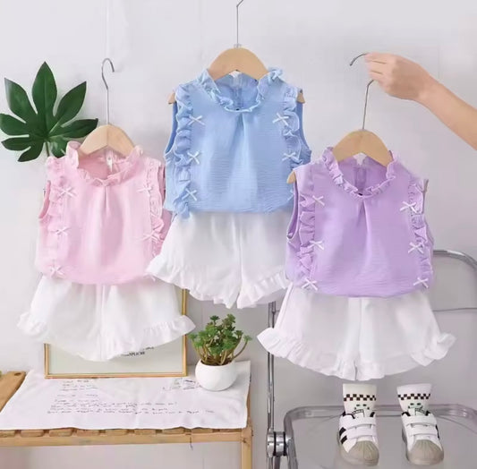 Kids Girls Lightweight Ruffled Top & Shorts Set. 3 Colours 12M-4Y
