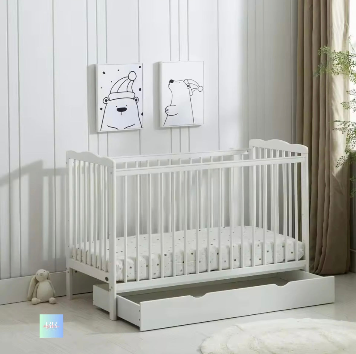 Baby/Toddler Wooden Cot Bed with Waterproof Mattress & Drawer. Colour: Grey