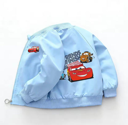 Light blue children's jacket with cartoon car designs on a white background